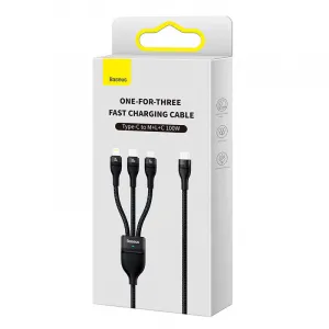 Kábel USB 3w1 Baseus Flash Series 2, USB-C + micro USB + Lightning, 100 W, 1,5 m (černý) 034555