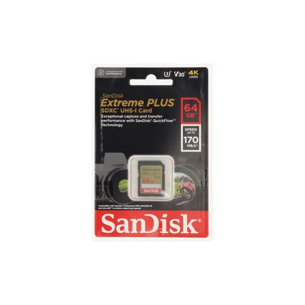 SanDisk Extreme PLUS 64 GB SDXC Memory Card 170 MB/s and 80 MB/s, UHS-I, Class 10, U3, V30 85235110