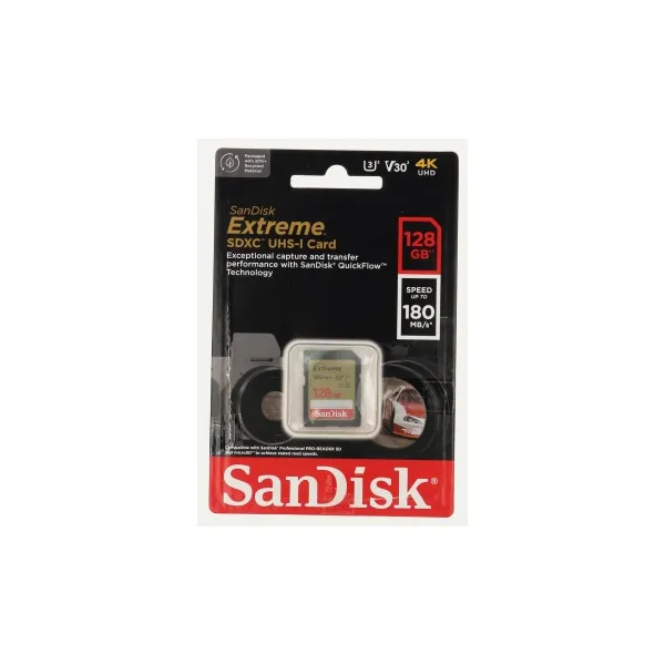 SanDisk Extreme 128 GB SDXC Memory Card 180 MB/s and 90 MB/s, UHS-I, Class 10, U3, V30 85235110