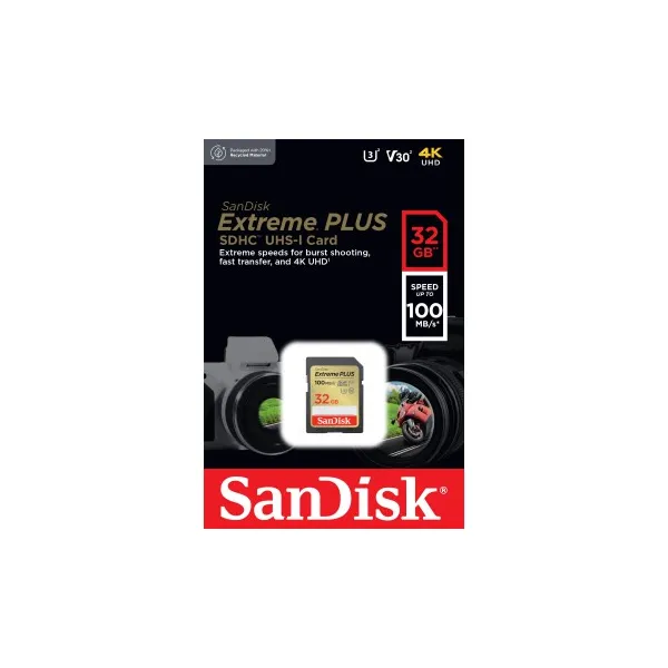 SanDisk Extreme PLUS 32 GB SDHC Memory Card 100 MB/s and 60 MB/s, UHS-I, Class 10, U3, V30 85235110