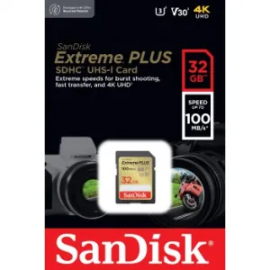 SanDisk Extreme PLUS 32 GB SDHC Memory Card 100 MB/s and 60 MB/s, UHS-I, Class 10, U3, V30 85235110