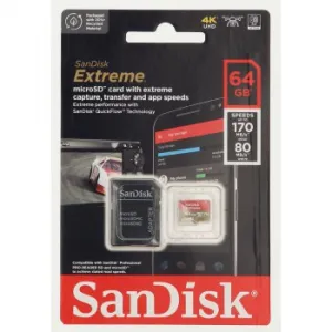 SanDisk Extreme microSDXC 64 GB + SD Adapter 170 MB/s and 80 MB/s A2 C10 V30 UHS-I U3 85235110