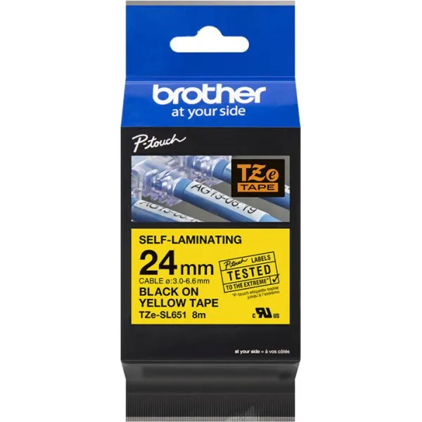 Brother originál páska do tlačiarne štítkov, Brother, TZE-SL651, čierny tlač/žltý podklad, laminovaná, 8m, 24mm TZESL651