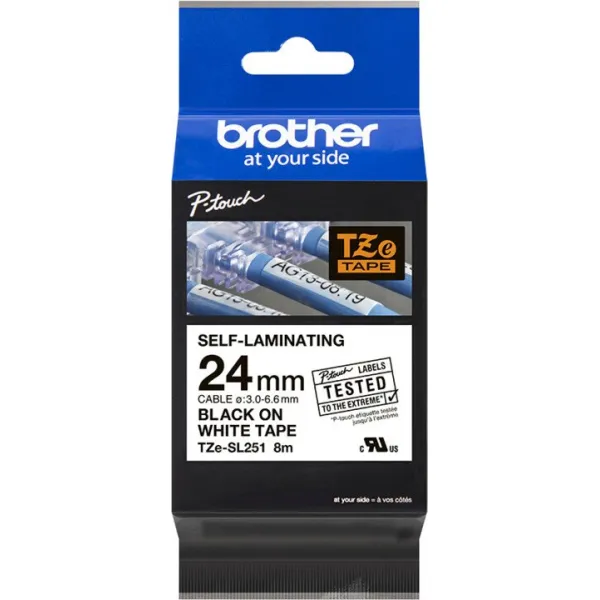 Brother originál páska do tlačiarne štítkov, Brother, TZE-SL251, čierny tlač/biely podklad, laminovaná, 8m, 24mm TZESL251