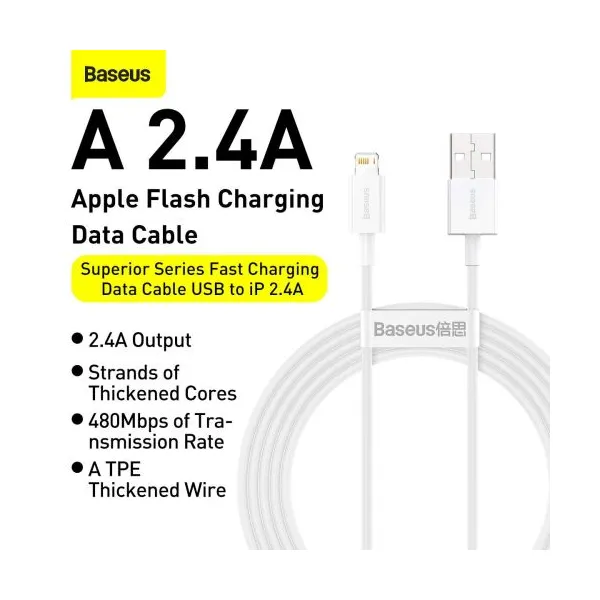 Kábel USB na Lightning Baseus Superior Series, 2,4 A, 2 m (biely) 026223