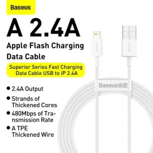 Kábel USB na Lightning Baseus Superior Series, 2,4 A, 2 m (biely) 026223