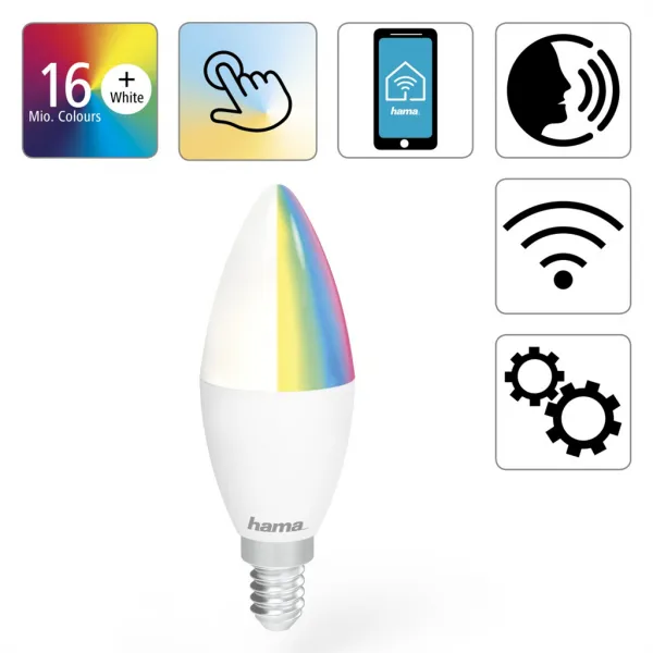 Hama SMART WiFi LED žiarovka, E14, 5,5 W, RGBW, stmievateľná 85395200