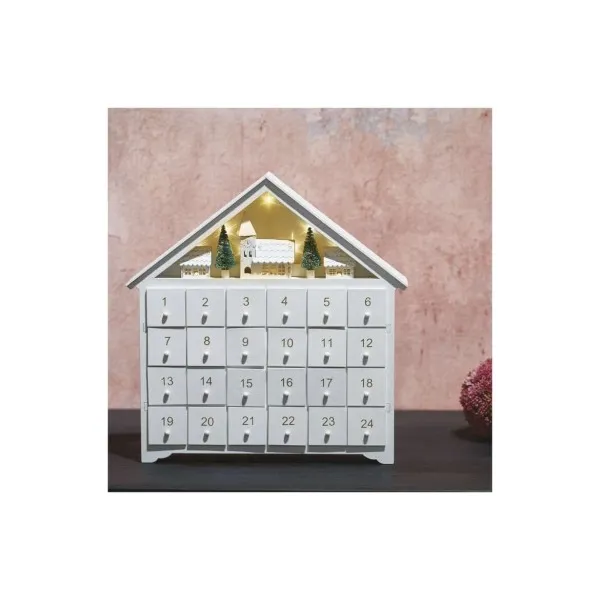 EMOS Lighting LED adventný kalendár drevený, 35x33 cm, 2x AA, vnútorný, teplá biela, časovač