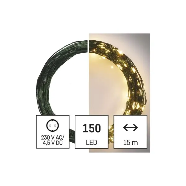 EMOS Lighting LED vianočná nano reťaz zelená, 15 m, vonkajšia aj vnútorná, teplá biela, časovač