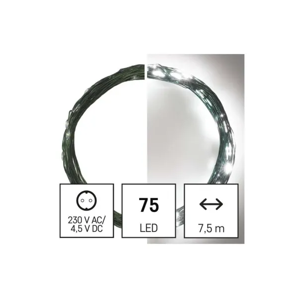 EMOS Lighting LED vianočná nano reťaz zelená, 7,5 m, vonkajšia aj vnútorná, studená biela, časovač