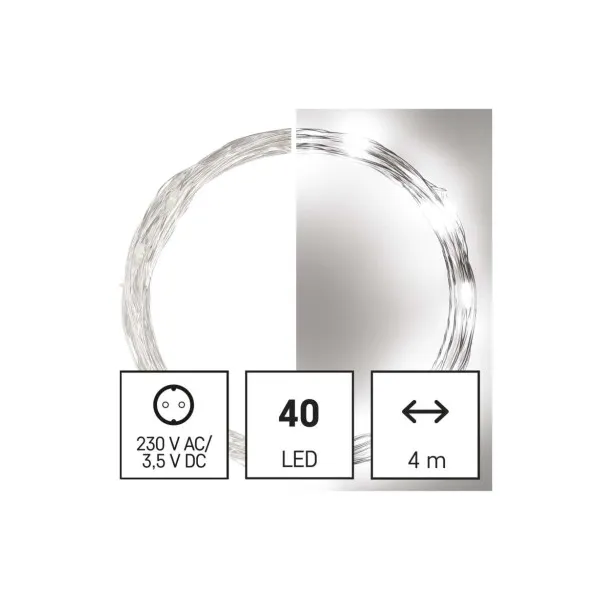 EMOS Lighting LED vianočná nano reťaz strieborná, 4 m, vonkajšia aj vnútorná, studená biela, časovač