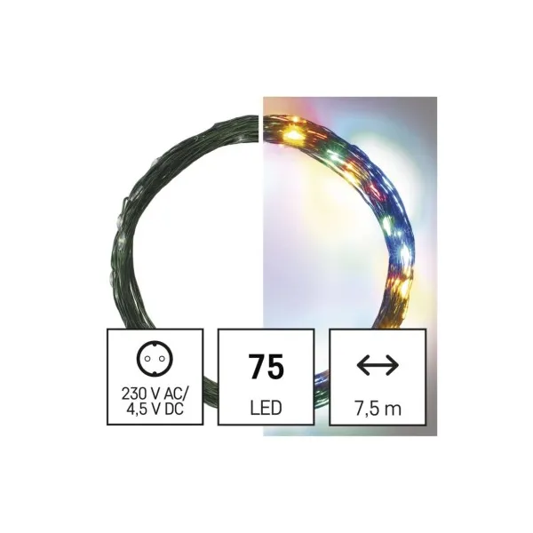 EMOS Lighting LED vianočná nano reťaz zelená, 7,5 m, vonkajšia aj vnútorná, multicolor, časovač
