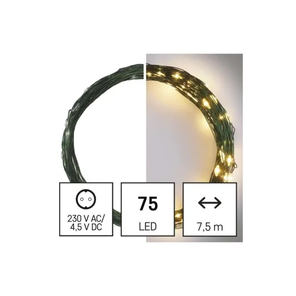 EMOS Lighting LED vianočná nano reťaz zelená, 7,5 m, vonkajšia aj vnútorná, teplá biela, časovač