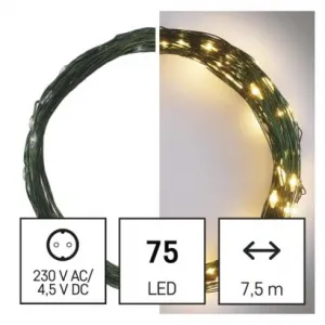 EMOS Lighting LED vianočná nano reťaz zelená, 7,5 m, vonkajšia aj vnútorná, teplá biela, časovač