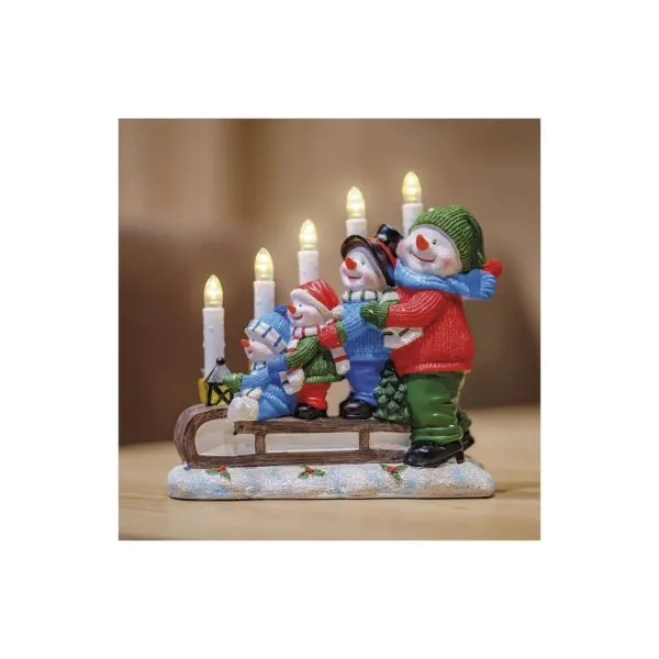 EMOS LED svietnik – snehuliaci na saniach, 24 cm, 2x AA, vnútorný, teplá biela, časovač