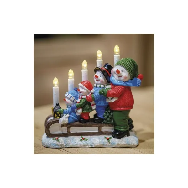 EMOS LED svietnik – snehuliaci na saniach, 24 cm, 2x AA, vnútorný, teplá biela, časovač
