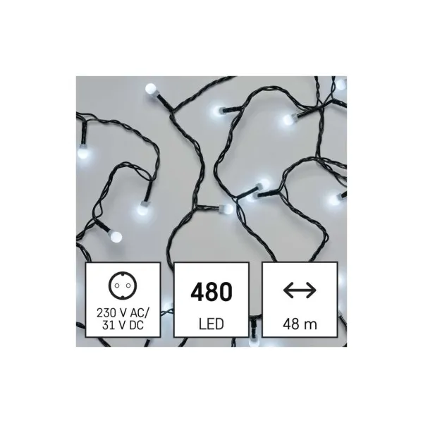 EMOS Lighting LED vianočná cherry reťaz – guličky, 48 m, vonkajšia aj vnútorná, studená biela, časovač