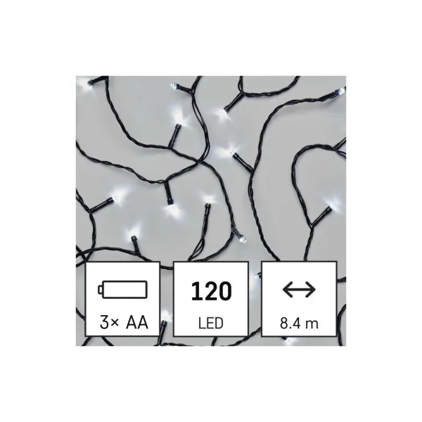 EMOS Lighting LED vianočná reťaz, 8,4 m, 3x AA, vonkajšia aj vnútorná, studená biela, časovač