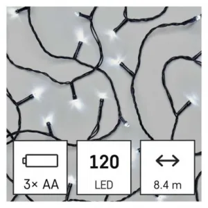 EMOS Lighting LED vianočná reťaz, 8,4 m, 3x AA, vonkajšia aj vnútorná, studená biela, časovač