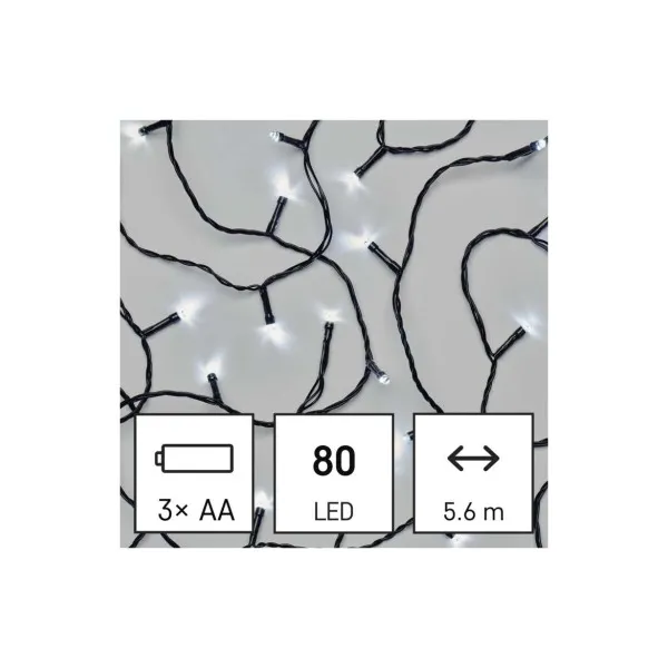 EMOS Lighting LED vianočná reťaz, 5,6 m, 3x AA, vonkajšia aj vnútorná, studená biela, časovač