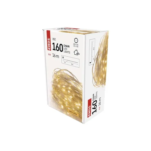 EMOS LED vianočná drop reťaz, 16 m, vonkajšia aj vnútorná, teplá biela, časovač