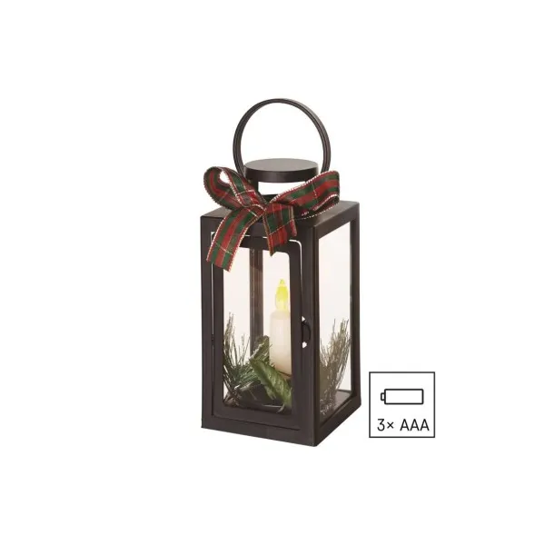 EMOS LED dekorácia – vianočný lampáš so sviečkou čierny, 20 cm, 3x AAA, vnútorný, vintage