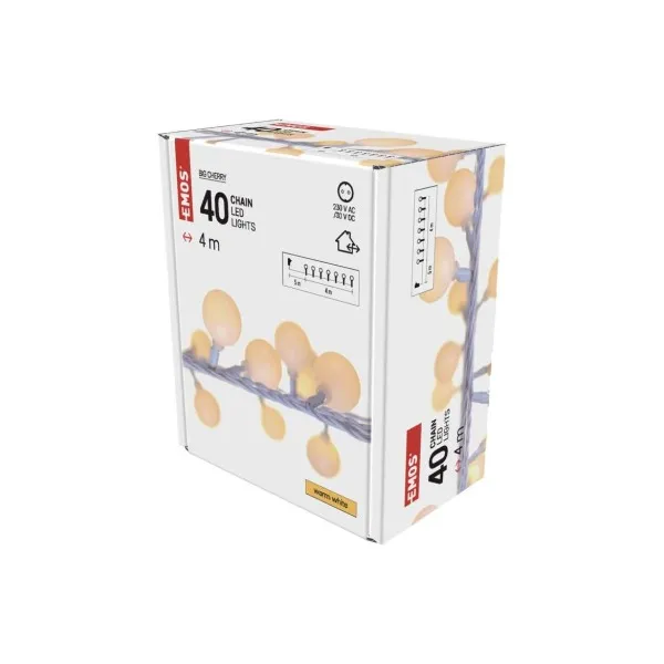 EMOS Lighting LED svetelná cherry reťaz – guličky 2,5cm, 4m, vonkajšia aj vnútorná, teplá biela, časovač
