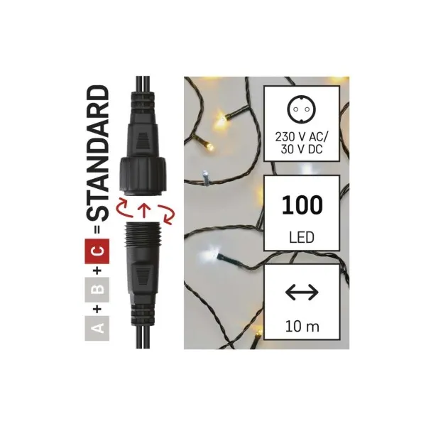 EMOS Standard LED spojovacia vianočná reťaz, 10 m, vonkajšia, teplá/studená biela