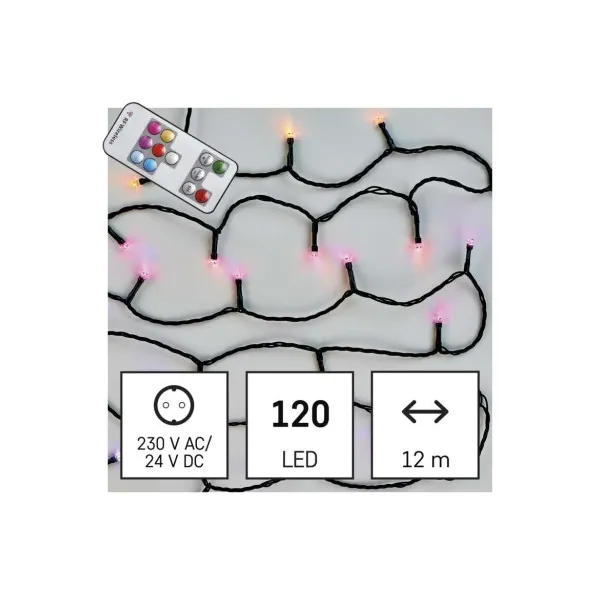 EMOS LED vianočná reťaz, 12 m, vonkajšia aj vnútorná, RGB, ovládač, programy, časovač