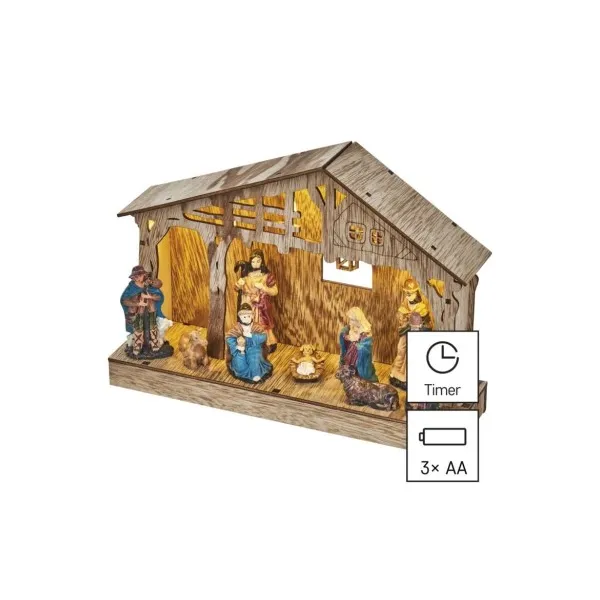 EMOS LED vianočný betlehem drevený, 19 cm, 3x AA, vnútorný, teplá biela, časovač