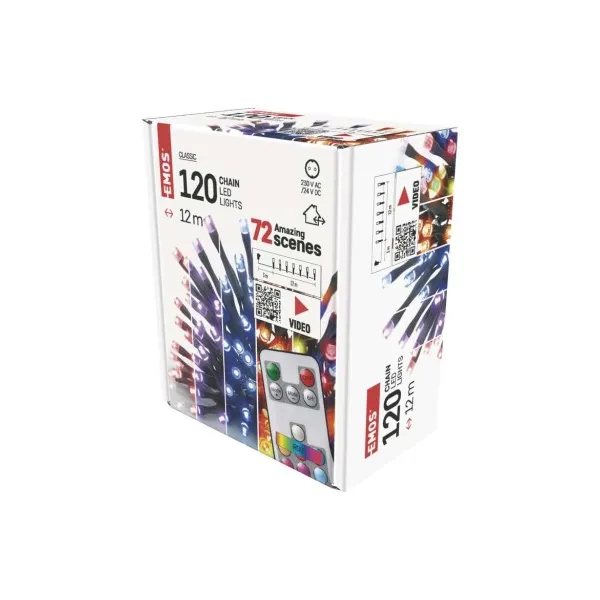 EMOS LED vianočná reťaz, 12 m, vonkajšia aj vnútorná, RGB, ovládač, programy, časovač