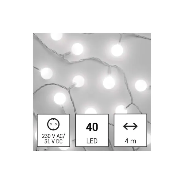 EMOS Lighting LED svet. cherry reťaz – guličky 2,5cm, 4 m, vonkajšia aj vnútorná, studená biela, časovač
