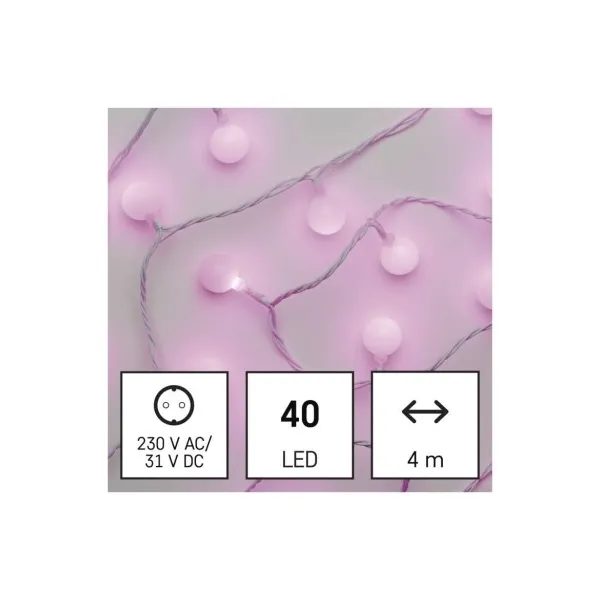 EMOS Lighting LED svetelná cherry reťaz – guličky 2,5 cm, 4 m, vonkajšia aj vnútorná, ružová, časovač