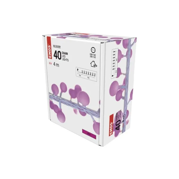 EMOS Lighting LED svetelná cherry reťaz – guličky 2,5 cm, 4 m, vonkajšia aj vnútorná, ružová, časovač