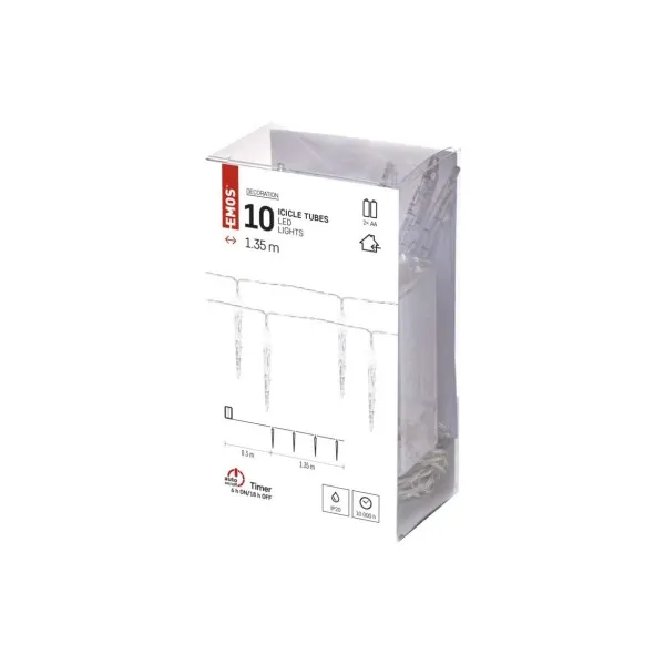 EMOS Lighting LED vianočná girlanda – 10x cencúľ, 1,35 m, 2x AA, vnútorná, studená biela, časovač