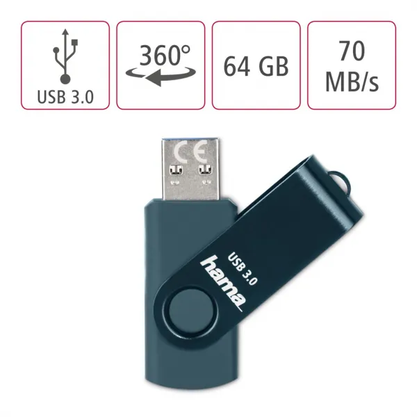 Hama USB 3.0 Flash Drive Rotate, 64 GB, 70 MB/s, petrolejová modrá 85235110