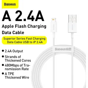 Kábel USB to Lightning Baseus Superior Series, 2,4 A, 0,25 m (biely) 026220