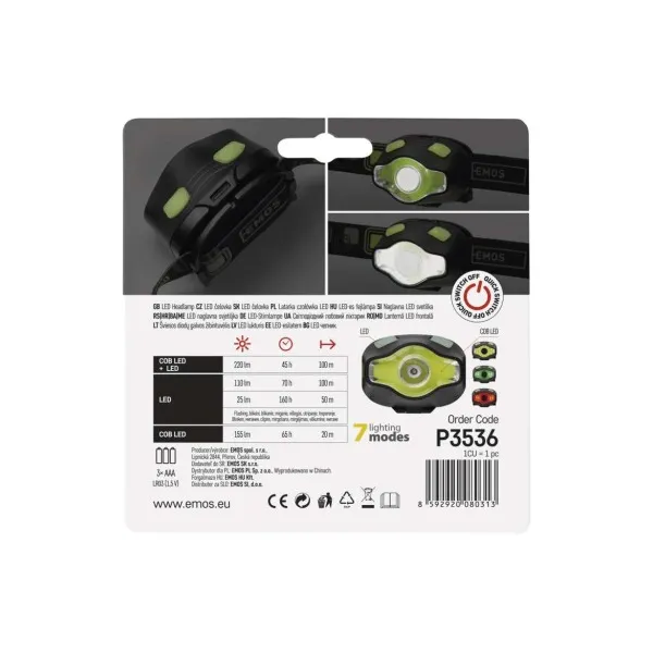 EMOS COB LED + LED čelovka P3536, 220 lm, 100 m, 3× AAA