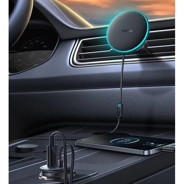 Magnetický držiak do auta Baseus CW01 s USB-C nabíjačkou, 15W + 25W (čierna) 047020