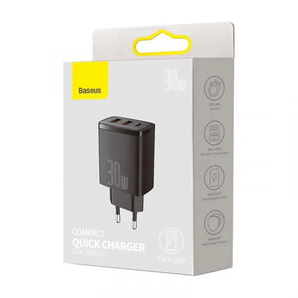 Kompaktná rýchlonabíjačka Baseus, 2xUSB, USB-C, PD, 3A, 30W (čierna) 028970