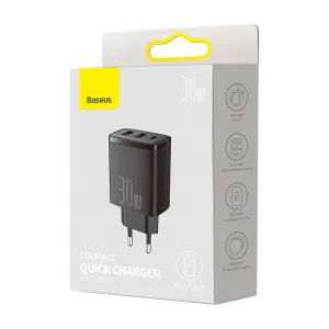 Kompaktná rýchlonabíjačka Baseus, 2xUSB, USB-C, PD, 3A, 30W (čierna) 028970