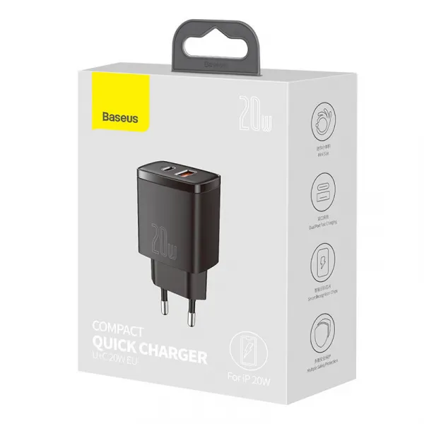Kompaktná rýchlonabíjačka Baseus USB+ USB-C 20W - čierna