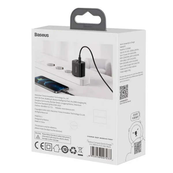 Kompaktná rýchlonabíjačka Baseus USB+ USB-C 20W - čierna