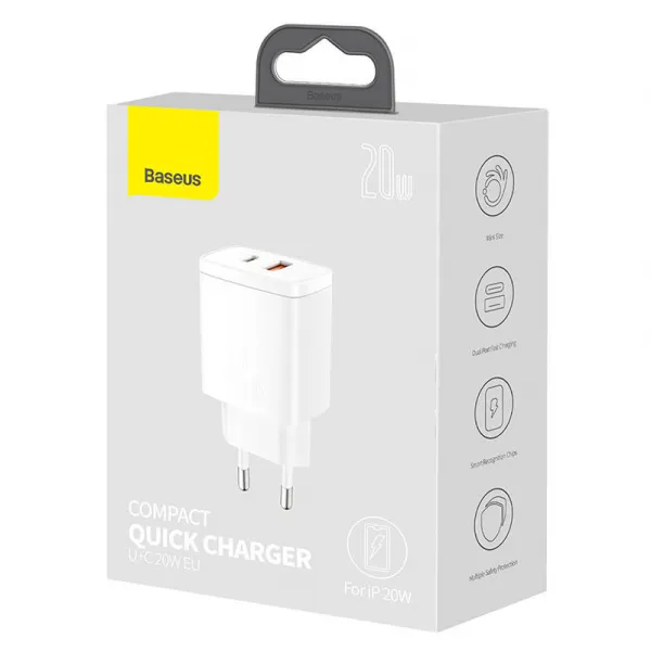 Kompaktná rýchlonabíjačka Baseus USB+ USB-C 20 W - biela