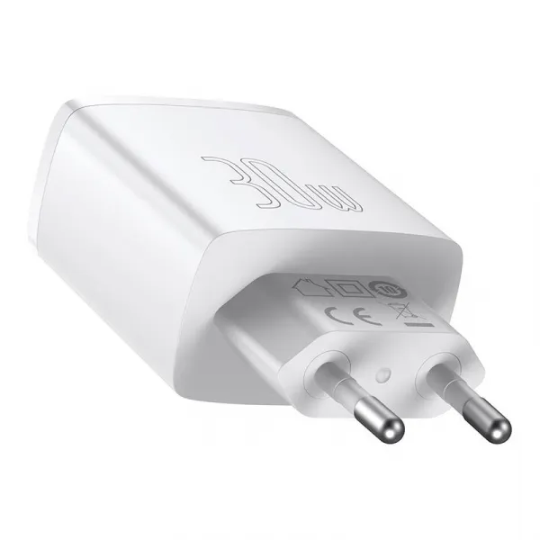 Kompaktná rýchlonabíjačka Baseus, 2xUSB, USB-C, PD, 3A, 30W - biela