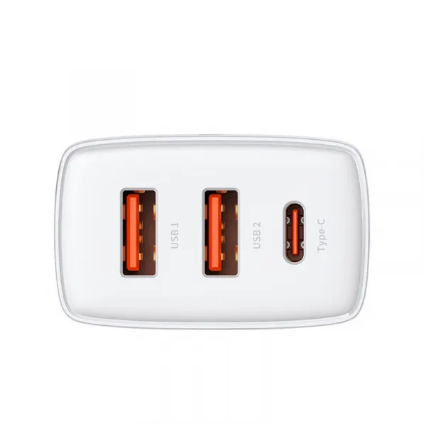 Kompaktná rýchlonabíjačka Baseus, 2xUSB, USB-C, PD, 3A, 30W - biela