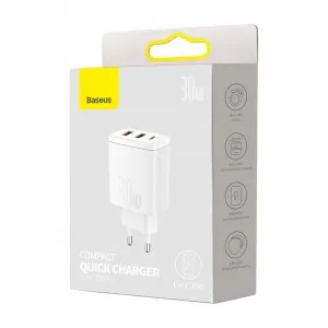 Kompaktná rýchlonabíjačka Baseus, 2xUSB, USB-C, PD, 3A, 30W - biela