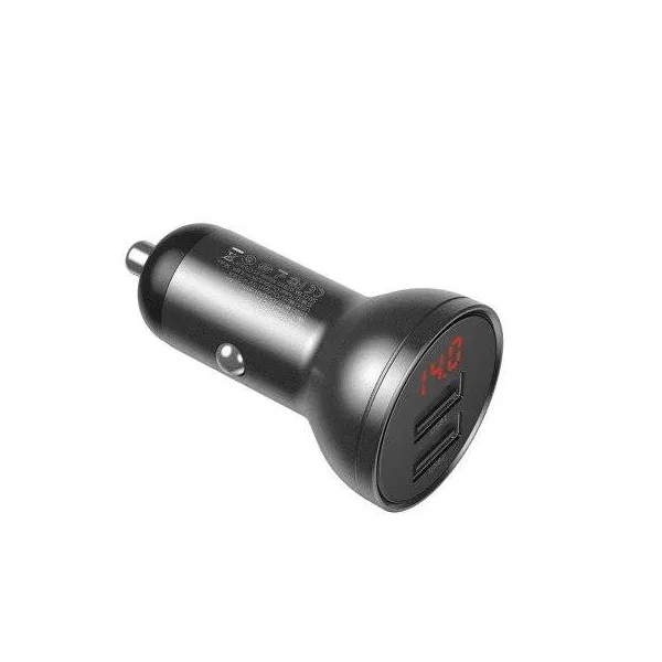 Baseus duálny USB adaptér do auta s displejom 4,8A 24W, sivý