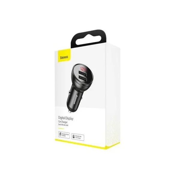 Baseus duálny USB adaptér do auta s displejom 4,8A 24W, sivý