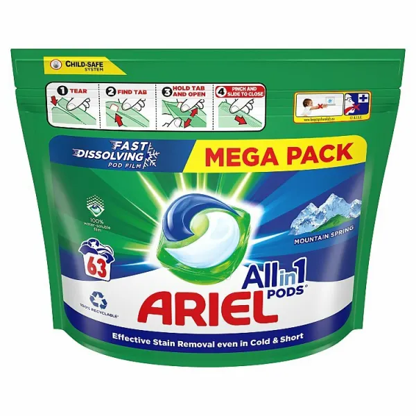 Ariel Mountain Spring gélove tablety na pranie 63ks sáčok